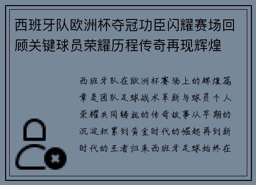 西班牙队欧洲杯夺冠功臣闪耀赛场回顾关键球员荣耀历程传奇再现辉煌